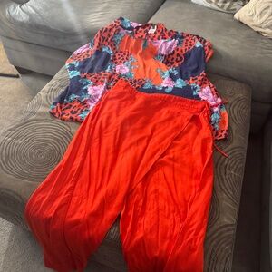 Red pants with cross over that ties to one side and included blouse very chic